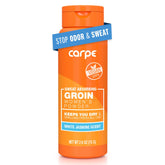 Carpe Sweat-Absorbing Powder application shows talc-free formula reducing chafing and moisture.
