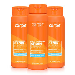 Carpe sweat absorbing powder packaging showcases talc-free formula for daily freshness and anti-chafing.