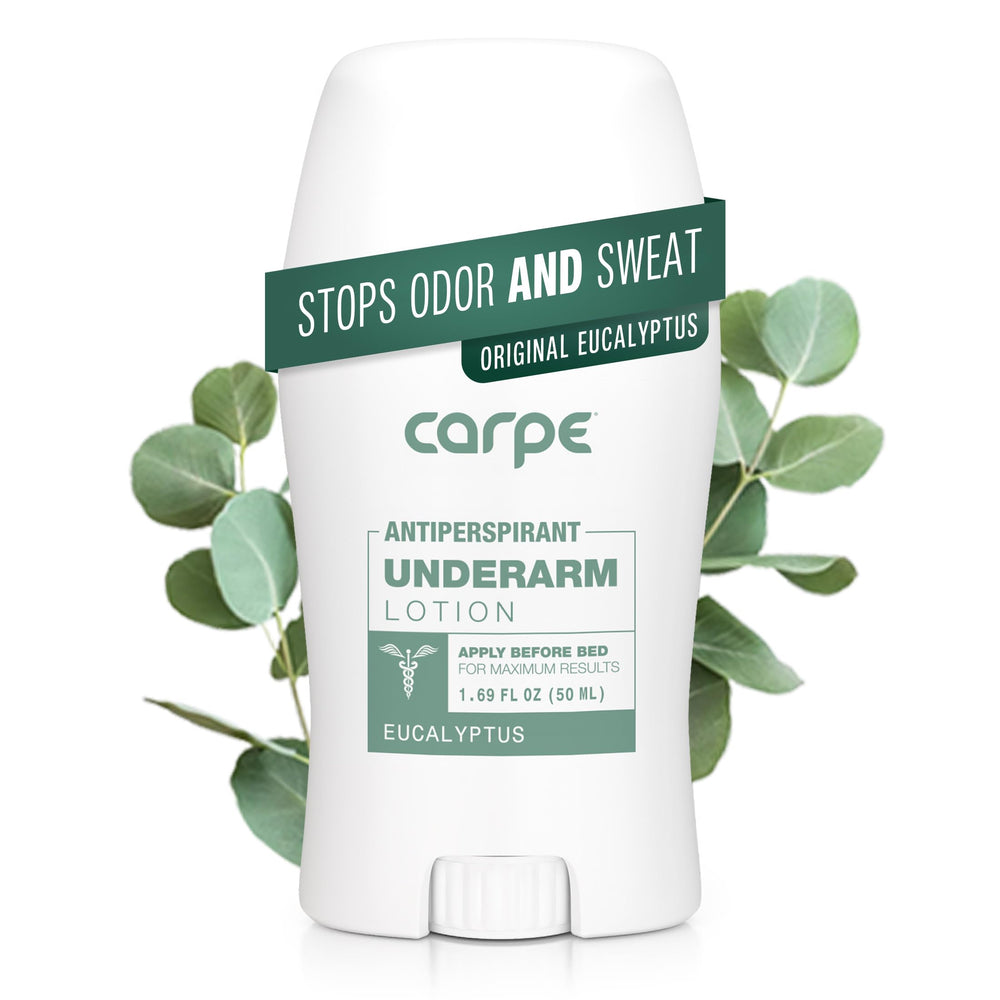 Carpe underarm antiperspirant bottle closeup showing clinical-strength protection.