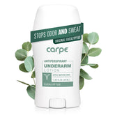 Carpe underarm antiperspirant bottle closeup showing clinical-strength protection.
