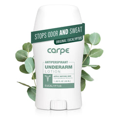 Carpe underarm antiperspirant bottle closeup showing clinical-strength protection.