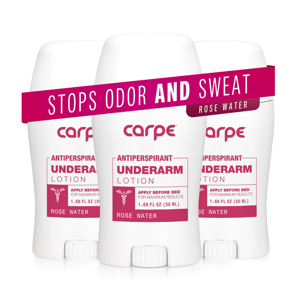Carpe underarm antiperspirant bottle closeup with rose scent for dry underarms.
