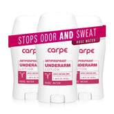 Carpe underarm antiperspirant bottle closeup with rose scent for dry underarms.