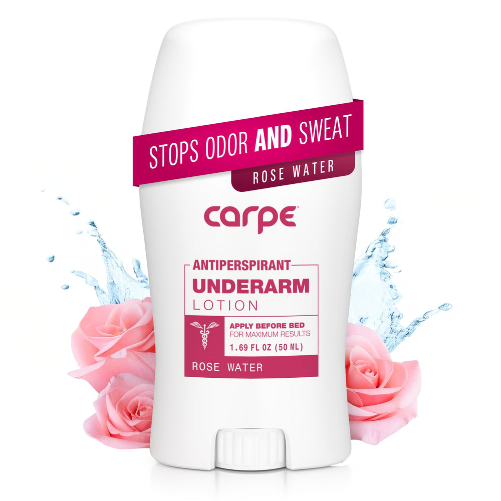 Carpe rose water scented bottle shown for clinical-strength underarm protection