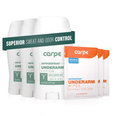Carpe underarm antiperspirant tube closeup shows smooth, quick-dry application for daily dryness.