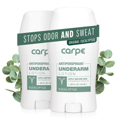 Carpe underarm lotion being applied before bed for long-lasting dryness.
