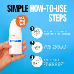 Carpe underarm scrub foaming lather demo suggests thorough cleansing and odor protection.