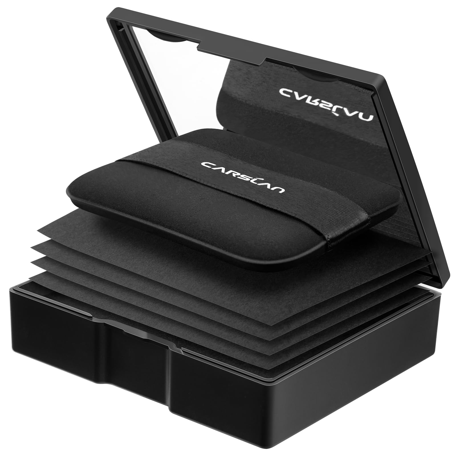 CARSLAN makeup blotting paper with powder compact for quick matte touch-ups on the go.