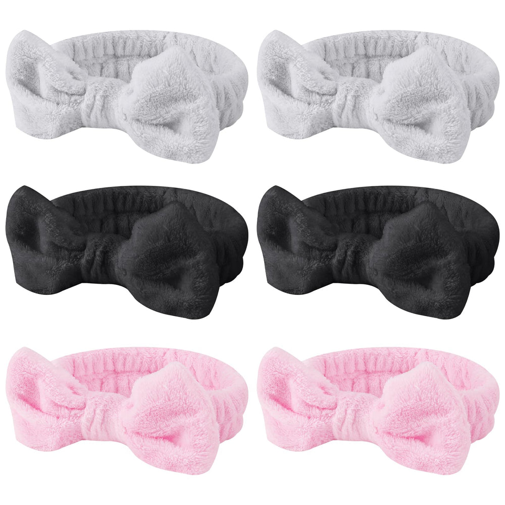 Casoty 6pc spa headbands with bows in soft coral fleece for comfortable skincare
