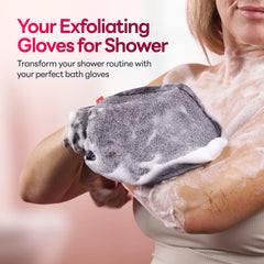 Caveem Exfoliating Mitt on hand shows comfortable fit for easy shower exfoliation