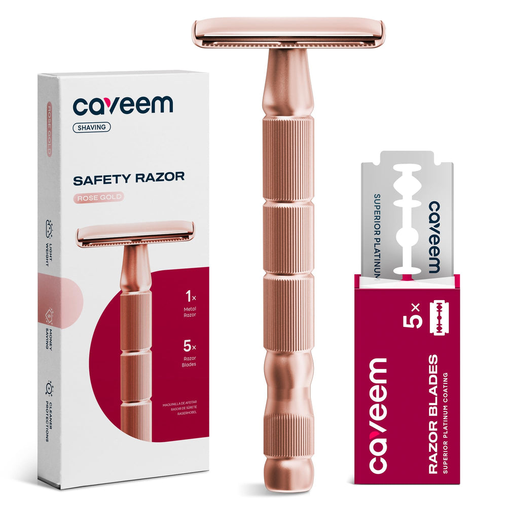 CAVEEM Rose Gold Double-Edge Razor full view shows durable metal build for long-lasting grooming.