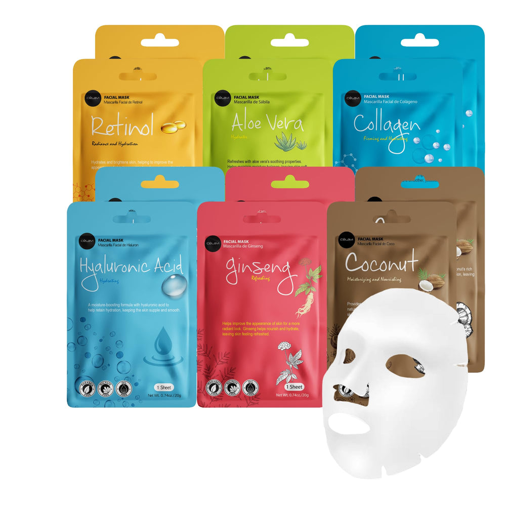 Celavi collagen face sheet mask box front highlights hydration-friendly packaging for skincare