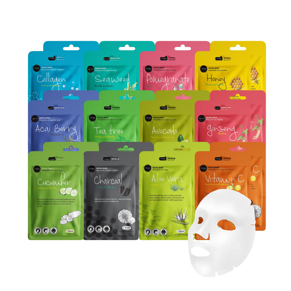 Celavi Essence mask variety set close-up, highlighting hydration and brighten potential.