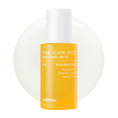 Celimax Pore+Dark Spot serum bottle with pump for precise, mess-free pore-minimizing care.