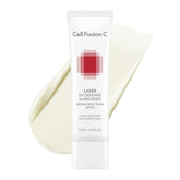 Cell Fusion C Laser UV Defense bottle shows daily SPF 50 protection.