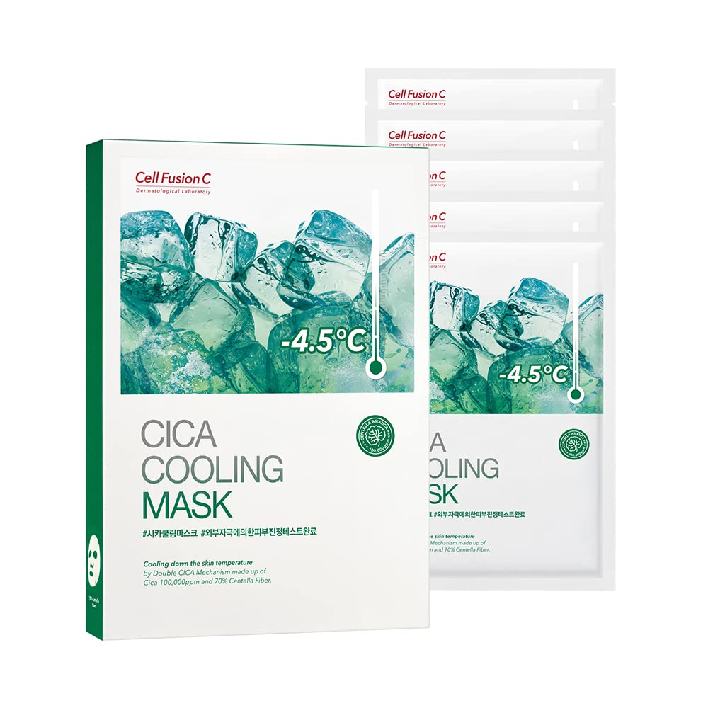 Cell Fusion C Post Alpha Cica Cooling Mask packaging closeup highlights branding and cooling claims.