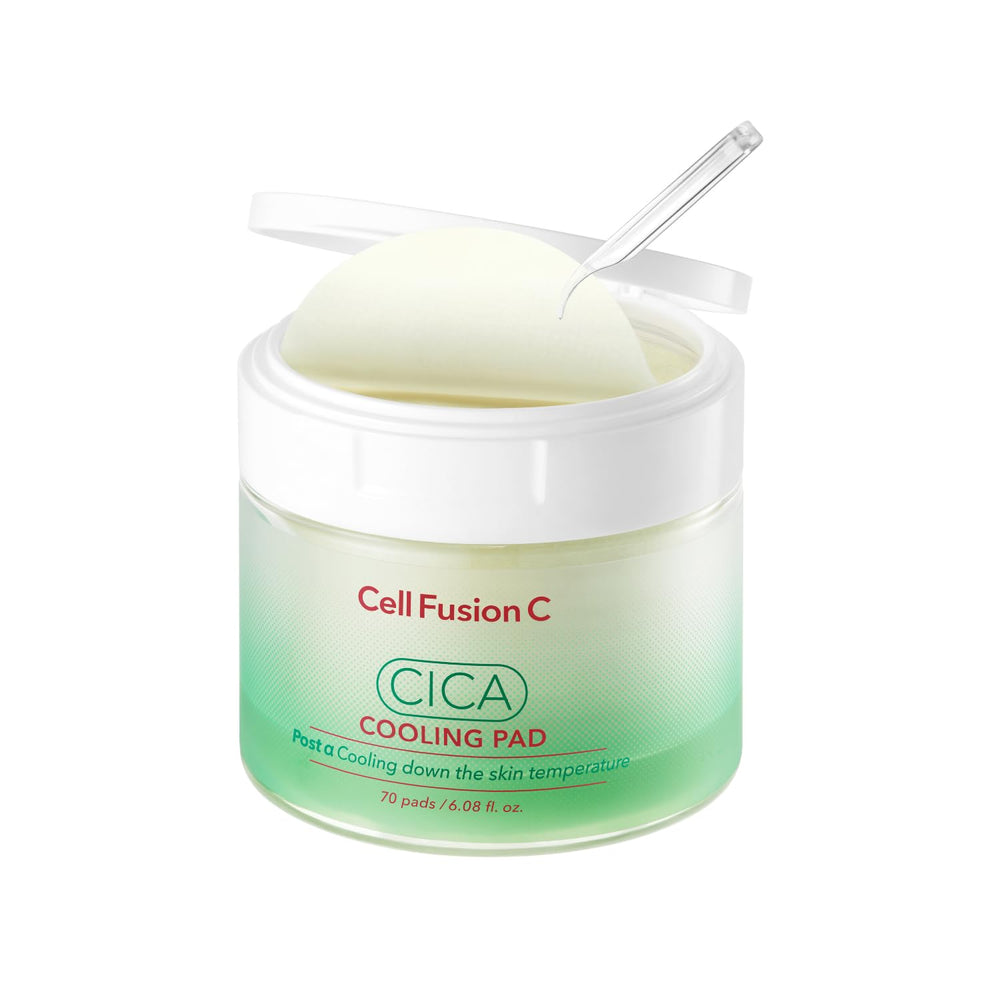 Cell Fusion C Post Alpha CICA cooling toner pad packaging highlights redness relief and soothing calm