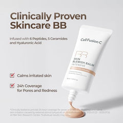 Cell Fusion C Skin Blemish Balm No.19 application shot demonstrates smooth blending and redness neutralization.