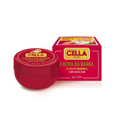 Cella Milano almond shaving cream jar shows rich, moisturizing lather for a smooth shave.