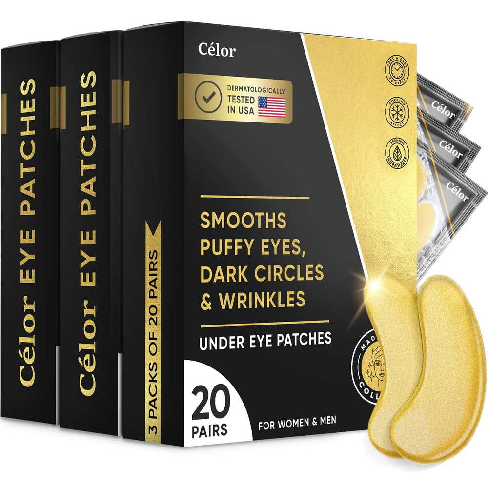 Celor under eye patches gold mask closeup showing hydrating formula for puffy eyes.