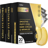 Celor under eye patches gold mask closeup showing hydrating formula for puffy eyes.