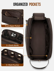Celvetch PU leather toiletry bag interior shows elastic bands and mesh pockets for neat organization