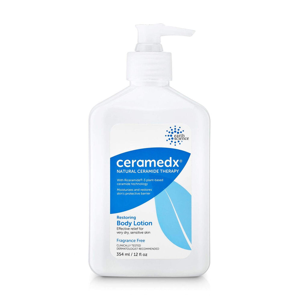 Ceramedx Restoring Body Lotion bottle delivers fragrance-free moisture for sensitive skin daily use