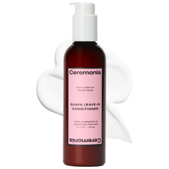 Ceremonia Guava Leave-In bottle pour demonstrates easy application and hydration boost.