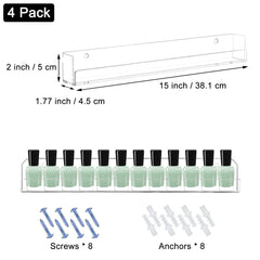 Cerpourt wall-mounted shelves save counter space in a busy nail studio.