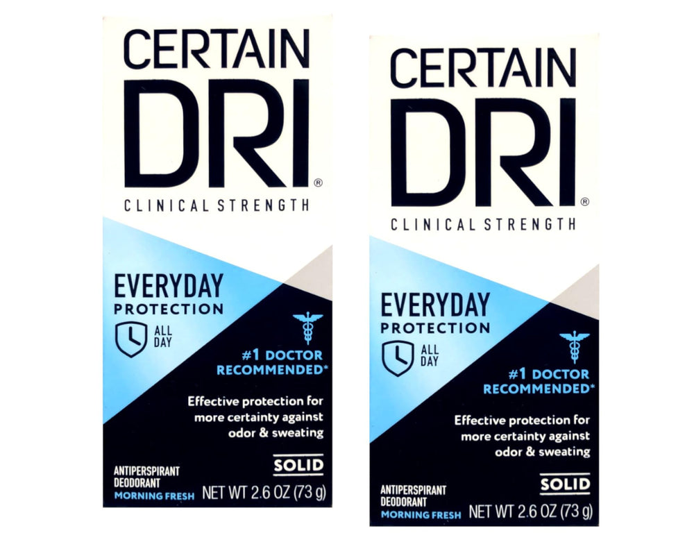 Certain Dri A.M. solid antiperspirant deodorant 2-pack packshot highlights long-lasting protection.