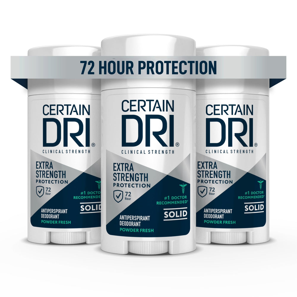 Certain Dri Extra-Strength Clinical Antiperspirant Solid bottle for long-lasting sweat and odor protection.