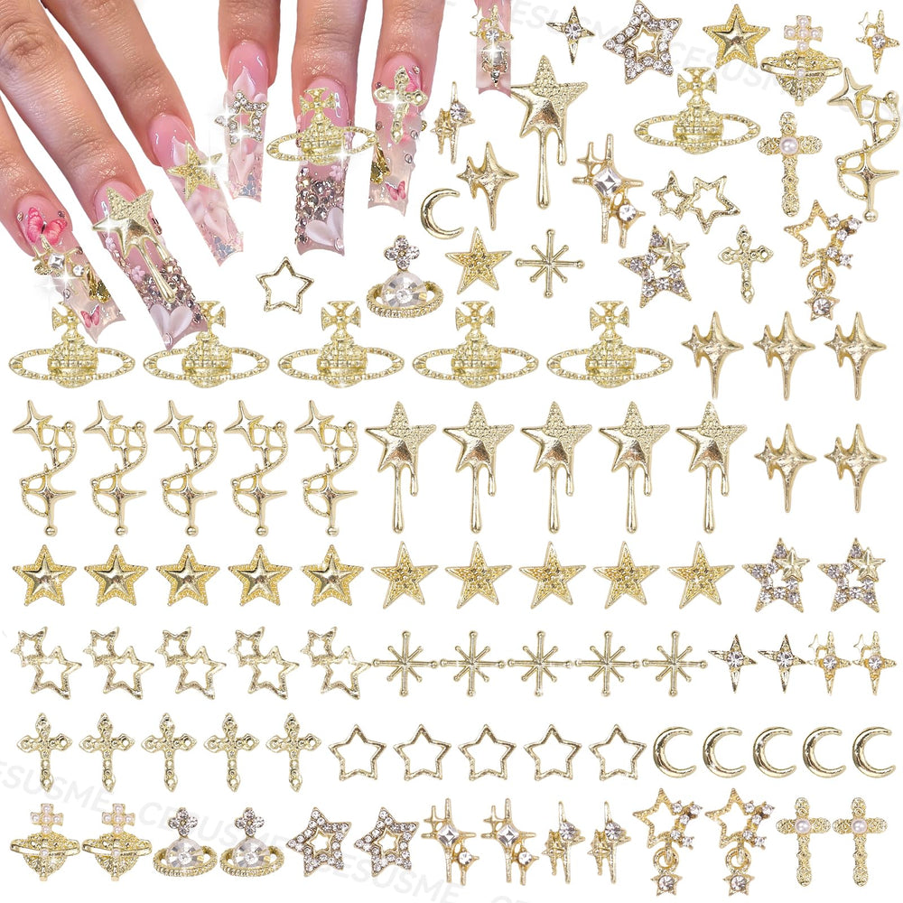 CESUSME gold star cross nail charms collection close-up highlighting radiant metallic shine for durable nail art