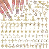 CESUSME gold star cross nail charms collection close-up highlighting radiant metallic shine for durable nail art