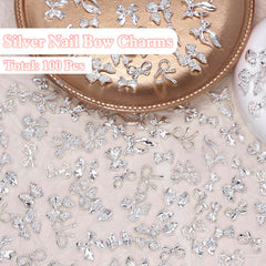CESUSME silver bow nail charm style-3 easy-to-apply on faux nails