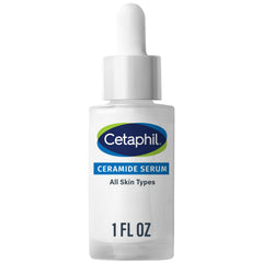 Cetaphil Ceramide Serum bottle closeup highlights fragrance-free barrier support for sensitive skin.