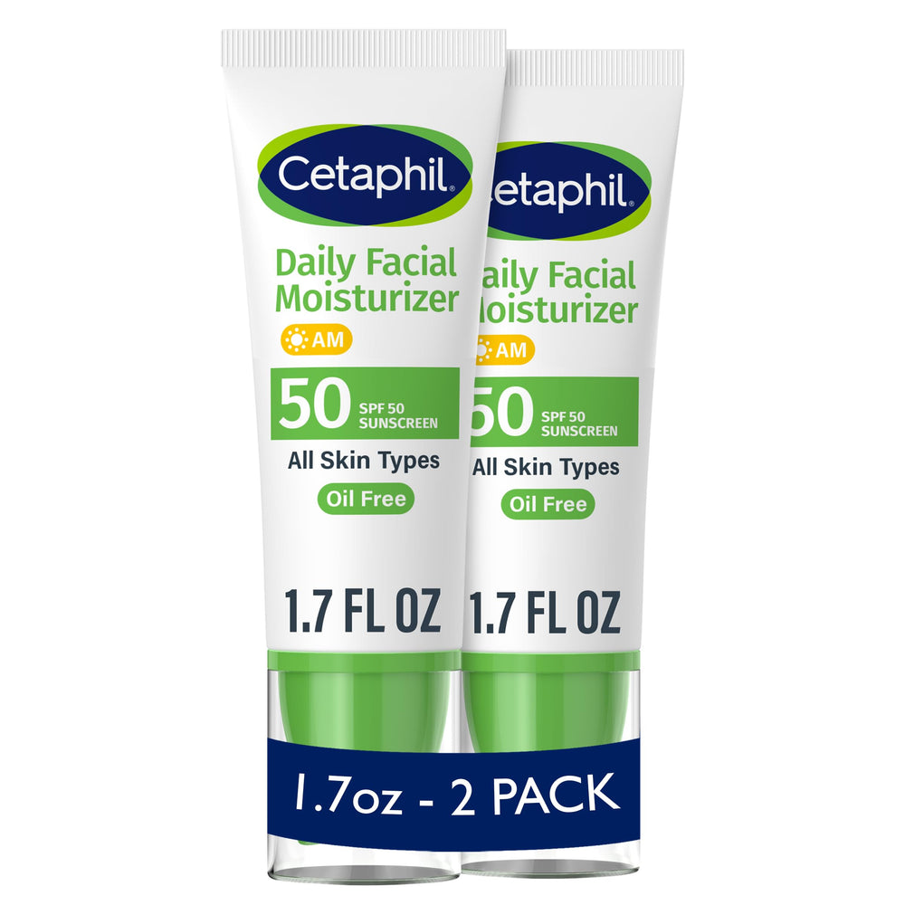 Cetaphil Daily Facial Moisturizer SPF 50 bottle demonstrates lightweight hydration and sun protection.