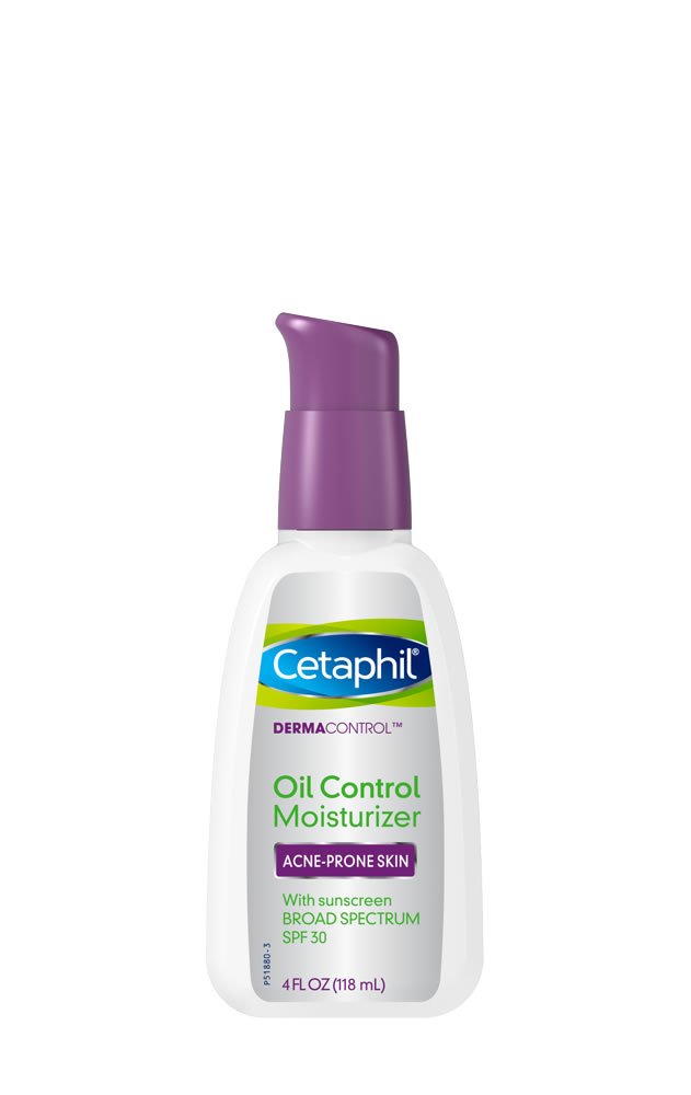 Cetaphil Dermacontrol SPF30 Moisturizer bottle demonstrates oil control for acne-prone skin.