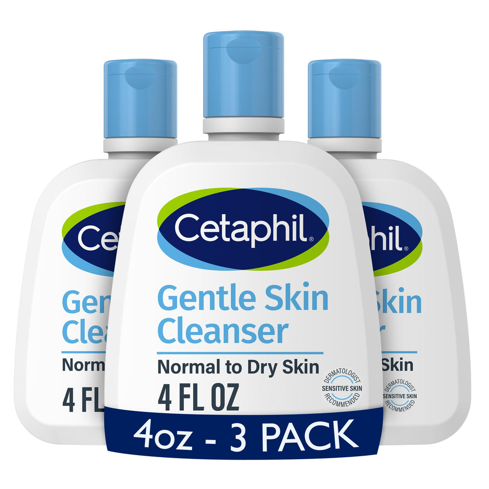 Cetaphil Face Wash 4oz 3-Pack packshot showing a hydrating, fragrance-free cleanser for sensitive skin.