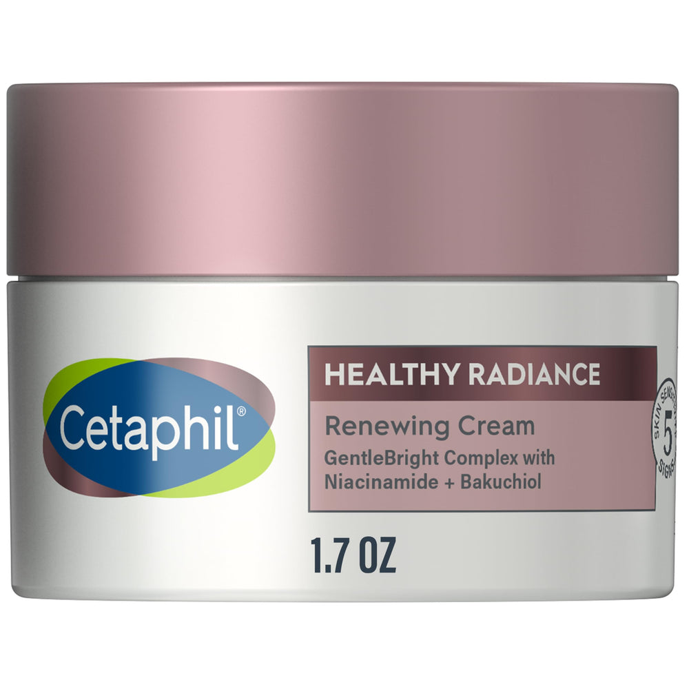 Cetaphil Healthy Radiance Renewing Cream bottle shows fragrance-free hydration for sensitive skin.