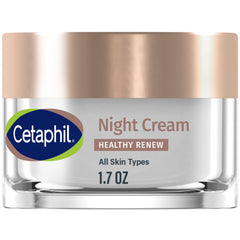 Cetaphil Healthy Renew Night Cream jar closeup, fragrance-free formula for sensitive skin.