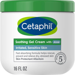 Cetaphil soothing gel-cream with aloe bottle highlights lightweight hydration.
