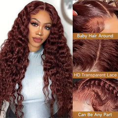 Cfaimity burgundy curly wig shows soft baby hairs and a realistic hairline