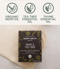 Chagrin Valley Neem & Tea Tree oil drops highlight natural antibacterial oils for scalp cleansing.