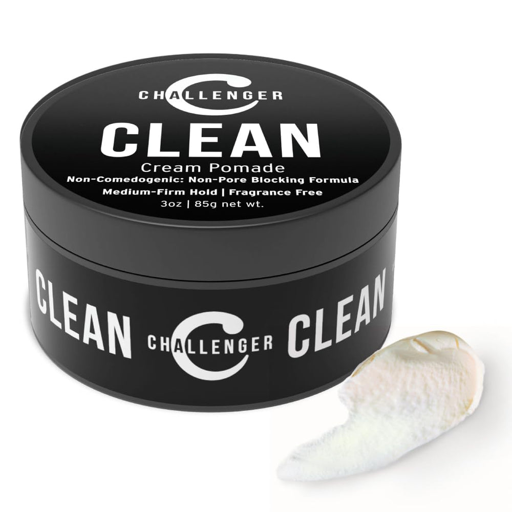 Challenger fragrance-free cream pomade packaging highlighting sensitive-skin friendly formula