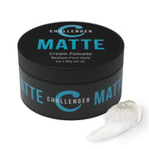 Challenger Matte Cream Pomade bottle shows natural matte finish and all-day hold
