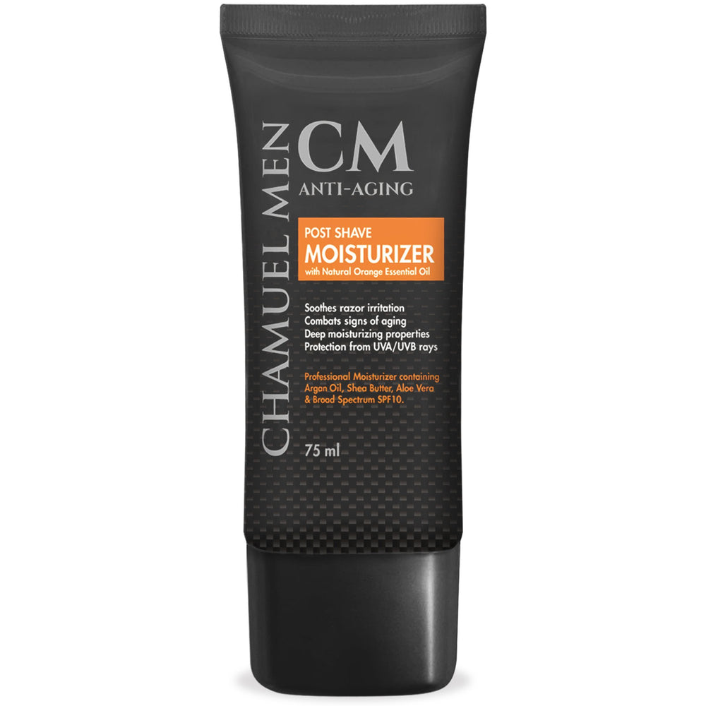 CHAMUEL MEN anti-aging-aftershave-bottle-closeup demonstrates calming post-shave hydration.