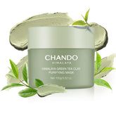 CHANDO HIMALAYA Purifying Green Tea Mask packaging highlights detoxifying clay for clearer pores.
