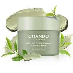 CHANDO HIMALAYA Purifying Green Tea Mask packaging highlights detoxifying clay for clearer pores.