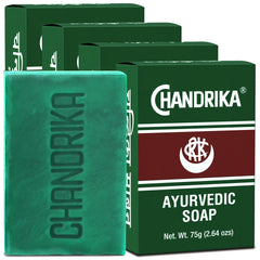 Chandrika Ayurvedic soap bar unwrapped with natural oils for gentle daily cleansing.