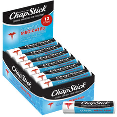 ChapStick bulk medicated lip balm 12-pack outer box shows bulk value for daily lip care.